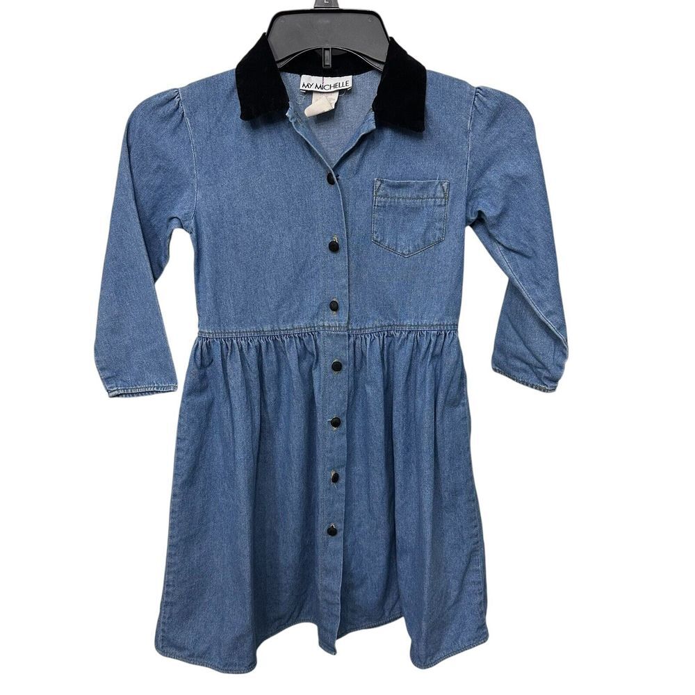 Vintage My Michelle Denim Dress With Velvet Collar Girls 6 Long Sleeve